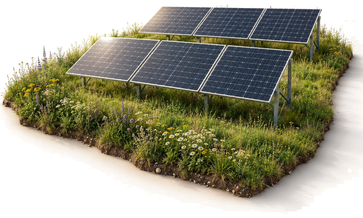 Solarmodule auf einer Blühwiese: Ausgleichsfläche für Freiflächen-Photovoltaik