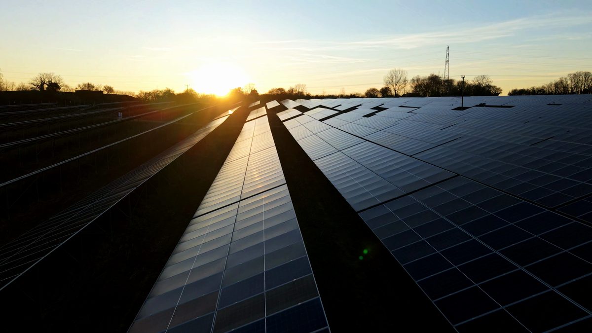 Freiflächen-Photovoltaikanlage im Abendlicht, Wiese zwischen den Modulreihen
