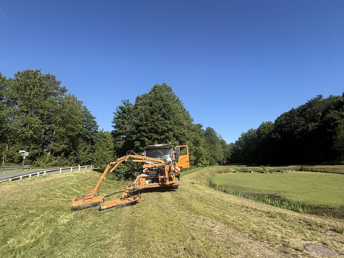 Unimog mit Ausleger-Mulcher bei Mäharbeiten auf einer Wiese